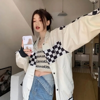 Black PU Leather Checkboard Loose Jacket - Thumbnail 5