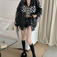 Black PU Leather Checkboard Loose Jacket - Thumbnail 4