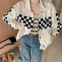 Black PU Leather Checkboard Loose Jacket - Thumbnail 7