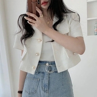 White Pearl Button Tweed Short Sleeve Blouse  - Thumbnail 3