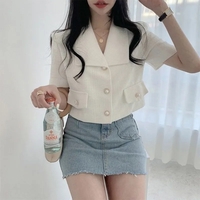 White Pearl Button Tweed Short Sleeve Blouse  - Thumbnail 1