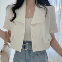 White Pearl Button Tweed Short Sleeve Blouse  - Thumbnail 2