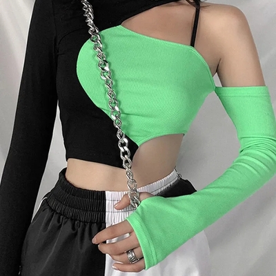 Green & black patchwork hollow out long sleeve shirt  - Thumbnail 3