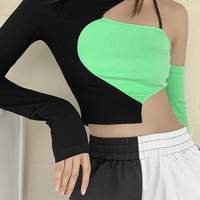 Green & Black Patchwork Hollow Out Long Sleeve Shirt  - Thumbnail 1