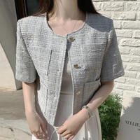 Heart Button Tweed Short Sleeve Blouse  - Thumbnail 1