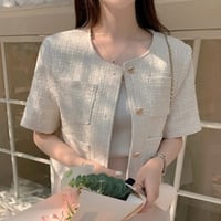 Heart Button Tweed Short Sleeve Blouse  - Thumbnail 2