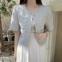 Heart Button Tweed Short Sleeve Blouse  - Thumbnail 3