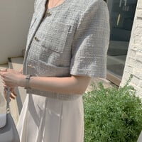 Heart Button Tweed Short Sleeve Blouse  - Thumbnail 9