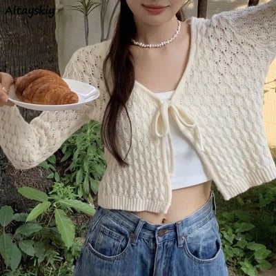 Hollow out lace up v neck cardigan  - Thumbnail 4