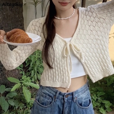 Hollow Out Lace Up V Neck Cardigan 