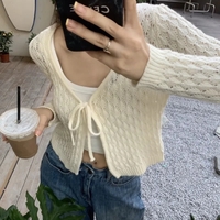 Hollow Out Lace Up V Neck Cardigan  - Thumbnail 1