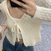 Hollow Out Lace Up V Neck Cardigan  - Thumbnail 3