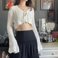 Crochet Tie Up V Neck Flare Long Sleeve Top - Thumbnail 1