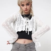 Crochet Tie Up V Neck Flare Long Sleeve Top - Thumbnail 4