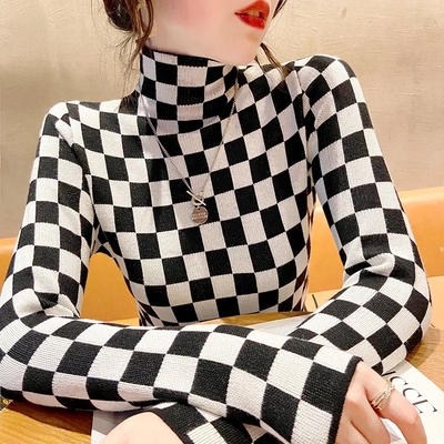 Black & white checkered turtleneck long sleeve shirt  - Thumbnail 2