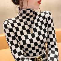 Black & White Checkered Turtleneck Long Sleeve Shirt  - Thumbnail 1