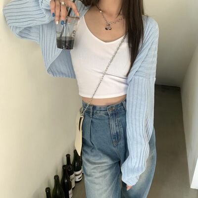 Pastel bat wing knit cropped cardigan  - Thumbnail 2