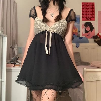 Black vintage lace patchwork mini dress - Thumbnail 2