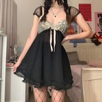 Black Vintage Lace Patchwork Mini Dress - Thumbnail 1