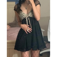 Black Vintage Lace Patchwork Mini Dress - Thumbnail 2