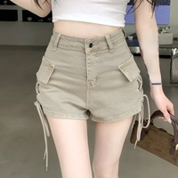 Lace Up High Waist Denim Shorts - Thumbnail 4
