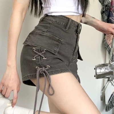 Lace up high waist denim shorts
