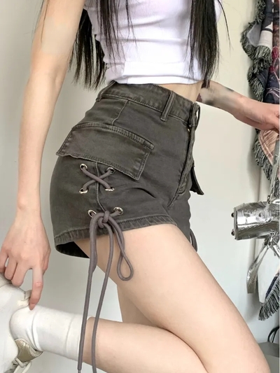Lace Up High Waist Denim Shorts