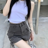 Lace Up High Waist Denim Shorts - Thumbnail 3