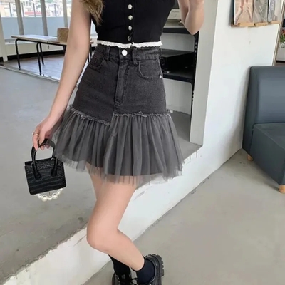 Black tulle patchwork denim skirt 