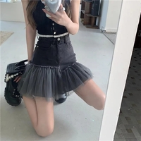 Black Tulle Patchwork Denim Skirt  - Thumbnail 1