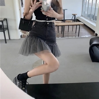 Black Tulle Patchwork Denim Skirt  - Thumbnail 2