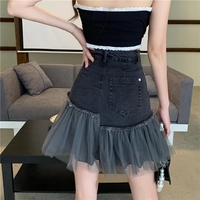 Black Tulle Patchwork Denim Skirt  - Thumbnail 4