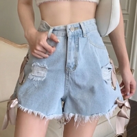 Ribbon Bow High Waist Denim Shorts - Thumbnail 3