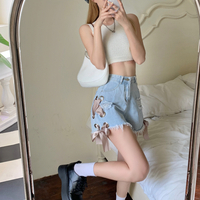 Ribbon Bow High Waist Denim Shorts - Thumbnail 7