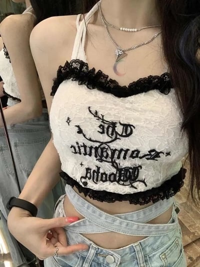 White Heart Lace Backless Halter Top