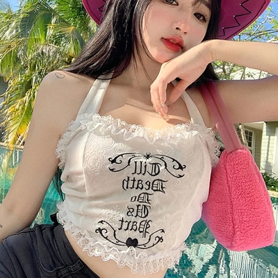 White embroidery lace halter top  - Thumbnail 1