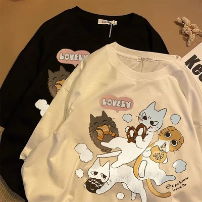 Cat Cartoon Print Short Sleeve T-shirt 