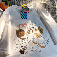 Cat Cartoon Print Short Sleeve T-shirt  - Thumbnail 7