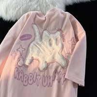 Fluffy Scary Cat Print Short Sleeve T-shirt  - Thumbnail 1