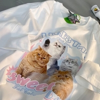Retro Cat Print Short Sleeve T-shirt  - Thumbnail 3