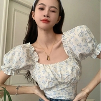 Blue Floral Bandage Puff Sleeve Square Collar Top  - Thumbnail 1