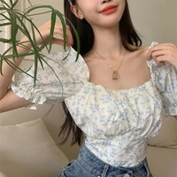 Blue Floral Bandage Puff Sleeve Square Collar Top  - Thumbnail 2