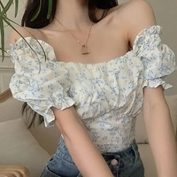 Blue Floral Bandage Puff Sleeve Square Collar Top  - Thumbnail 3
