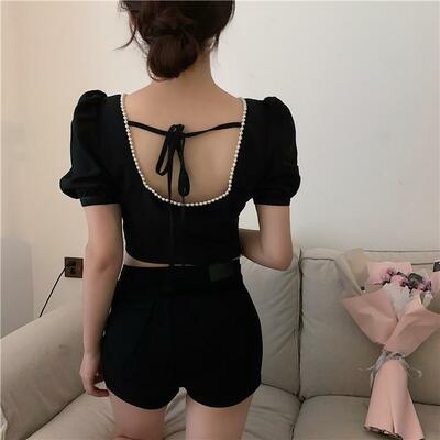 Black Pearl Lace Up Backless Puff Sleeve Blouse