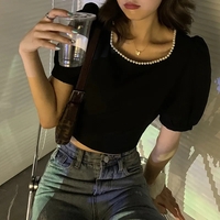 Black Pearl Lace Up Backless Puff Sleeve Blouse - Thumbnail 2