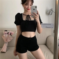 Black Pearl Lace Up Backless Puff Sleeve Blouse - Thumbnail 4