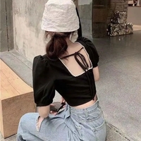 Black Pearl Lace Up Backless Puff Sleeve Blouse - Thumbnail 6