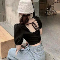 Black Pearl Lace Up Backless Puff Sleeve Blouse - Thumbnail 8