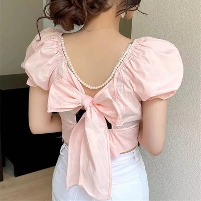 Pink Bow Short Sleeve Blouse 