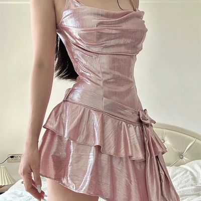 Pink sequin ruffle asymmetrical mini dress - Thumbnail 3